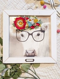 Portrait of a Cow with Glasses with Pink Flower Crown