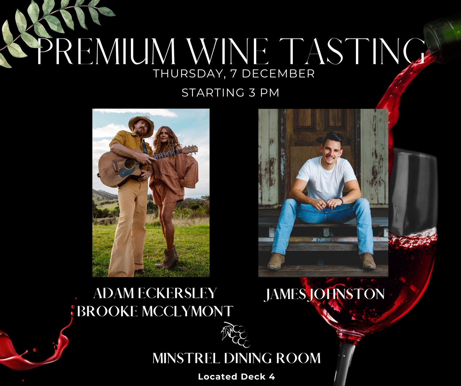Image of CRUISIN' COUNTRY ARTIST EXPERIENCE: Wine Tasting w Adam Eckersley, Brooke McClymont & James Johnston