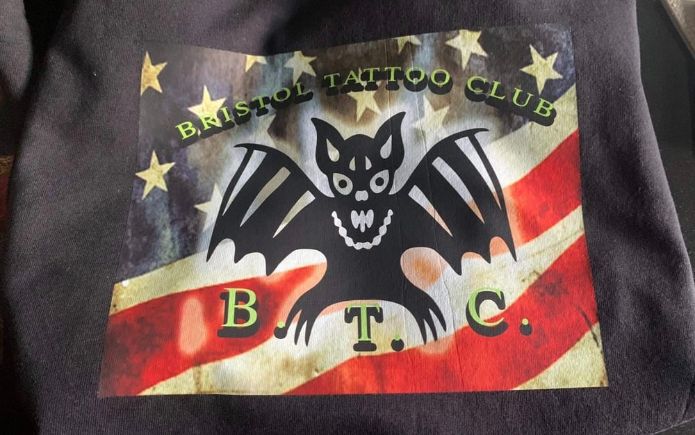 Image of T-SHIRT. Bristol tattoo club bat with Stars and Stripes 