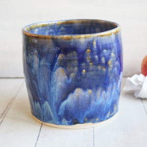 Image of Utensil Holder with Dripping Blue Glaze , Handmade Ceramic Crock Made in USA