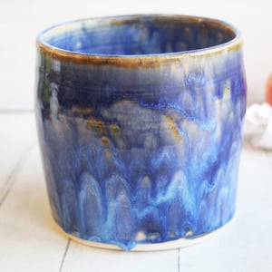 Image of Utensil Holder with Dripping Blue Glaze , Handmade Ceramic Crock Made in USA