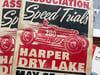 Harper Dry Lake WTA Speed Trials 1941 aged Linocut Print (red roadster edition) FREE SHIPPING