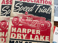 Image 2 of Harper Dry Lake WTA Speed Trials 1941 aged Linocut Print (red roadster edition) FREE SHIPPING