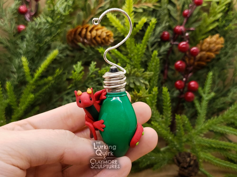 Glittery Red Polymer Clay Dragon on Green Light Bulb - Christmas Ornament