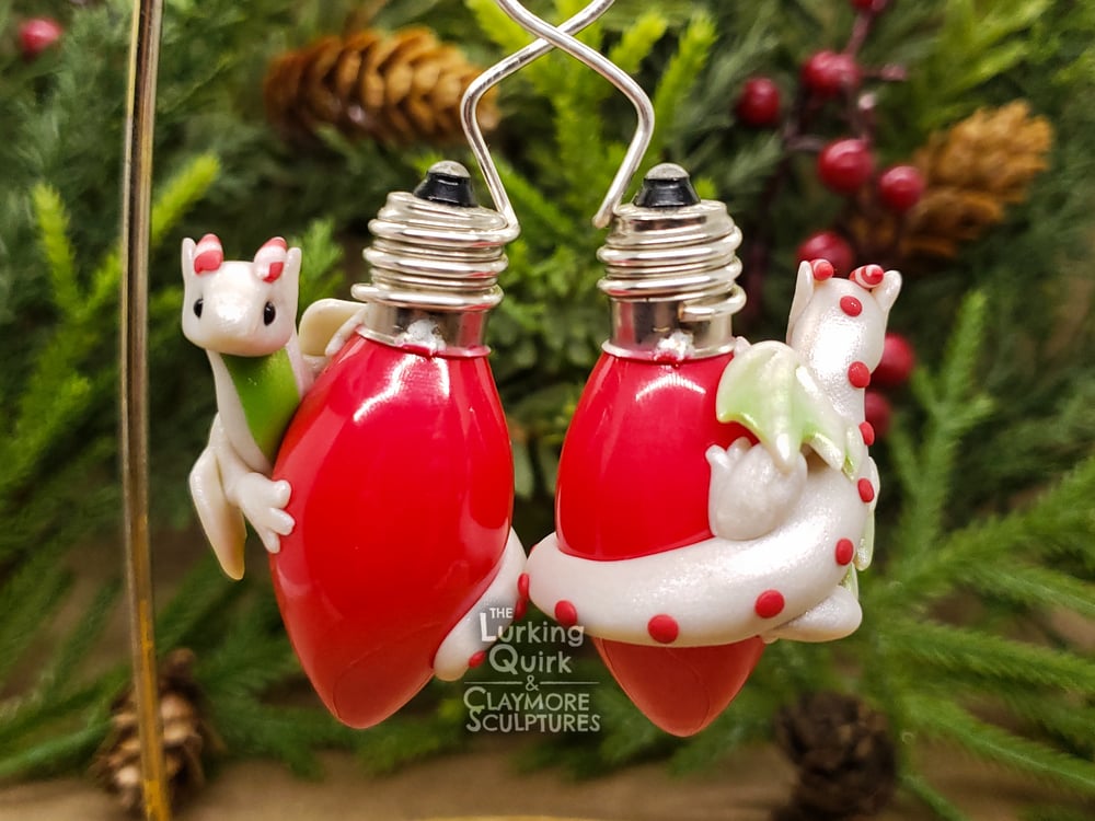White Polymer Clay Dragon on Red Light Bulb - Christmas Ornament