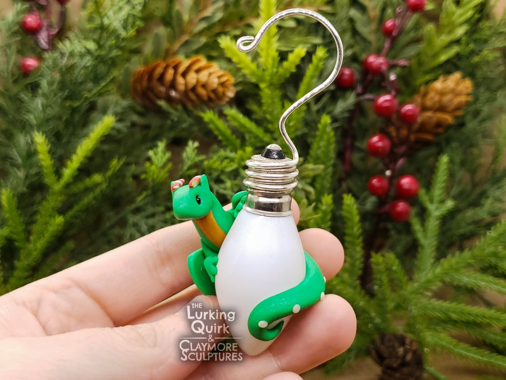 Green Polymer Clay Dragon on White Light Bulb - Christmas Ornament