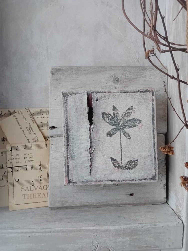 Image of Distressed Primitive Painted Flower Canvas on Antique Pine Boards