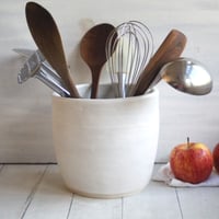 Image 1 of Large Utensil Holder in Rustic Modern Matte White Glaze, Ceramic Crock, Made in USA