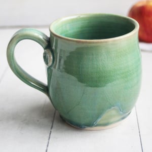 Image of Crackle Green Pottery Mug with Floral Details, Handmade Coffee Cup, Made in USA