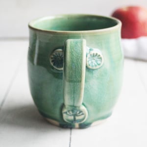 Image of Crackle Green Pottery Mug with Floral Details, Handmade Coffee Cup, Made in USA