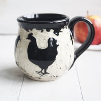 Image 2 of Black and White Chickens Sgraffito Mug, Hand Carved Hens Coffee Cup, 12 oz., Made in USA