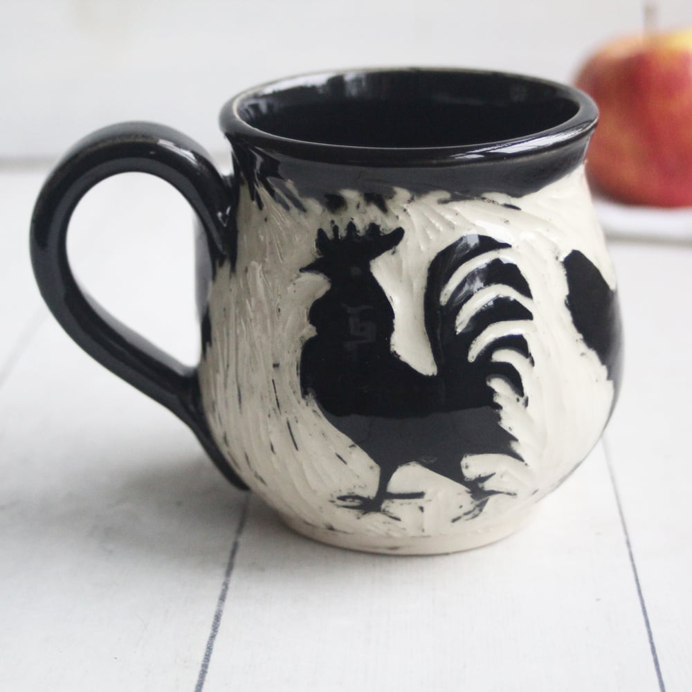 Image of Black and White Chickens Sgraffito Mug, Hand Carved Hens Coffee Cup, 12 oz., Made in USA