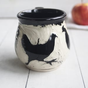 Image of Black and White Chickens Sgraffito Mug, Hand Carved Hens Coffee Cup, 12 oz., Made in USA