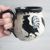 Image 4 of Black and White Chickens Sgraffito Mug, Hand Carved Hens Coffee Cup, 12 oz., Made in USA