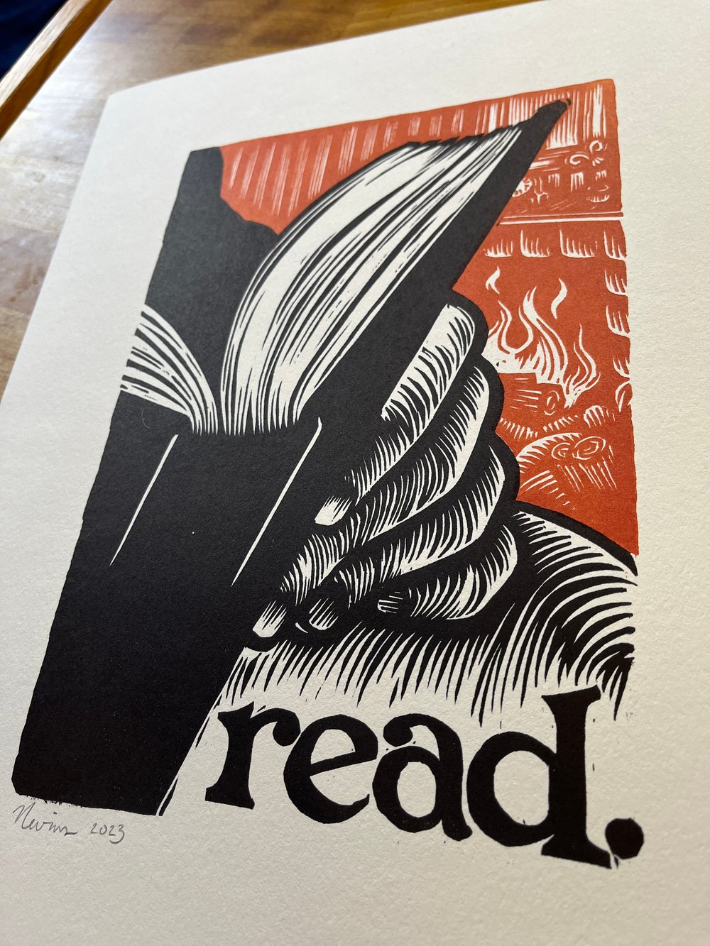 read. - 11"x14" hand printed woodcut.