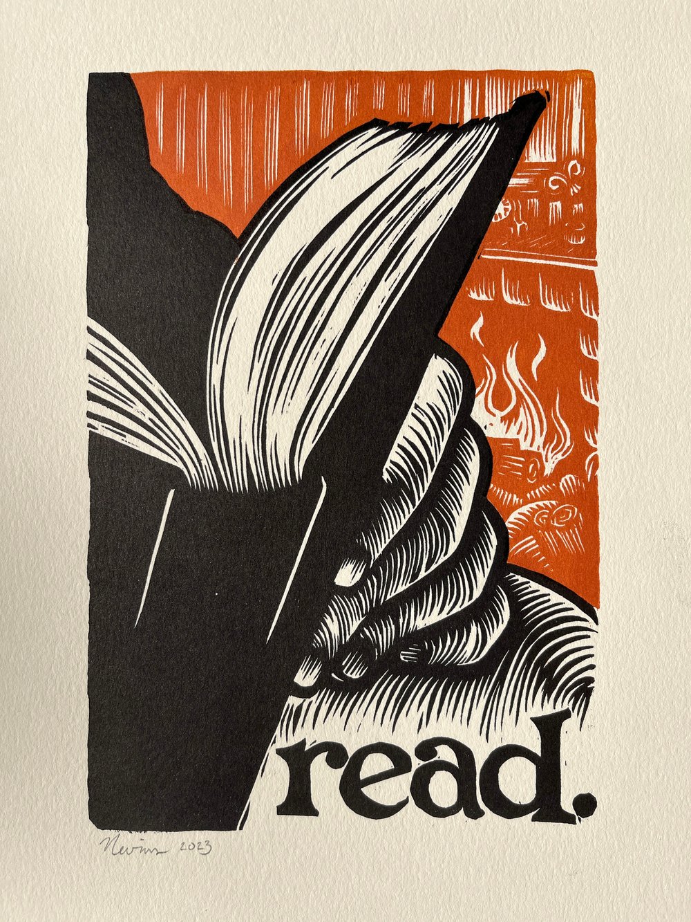 read. - 11"x14" hand printed woodcut.
