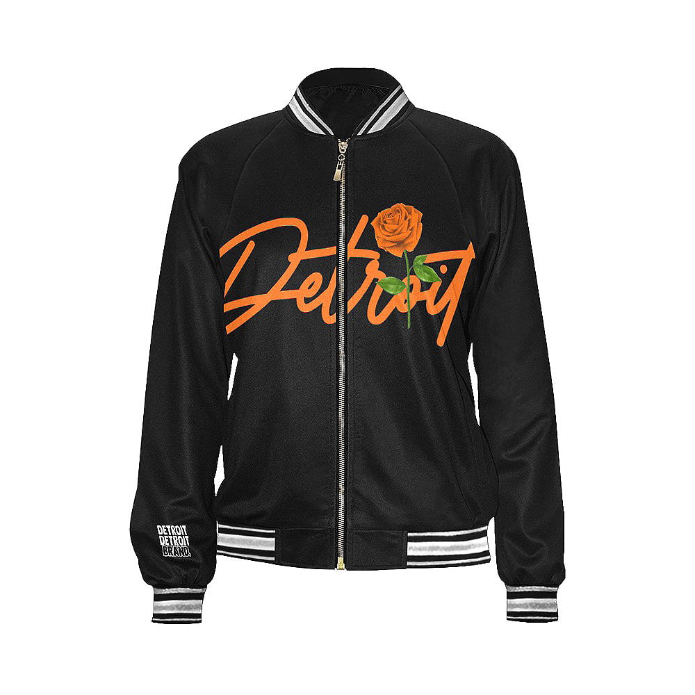 Image of Ladies Printed Bomber Jacket Black/Orange