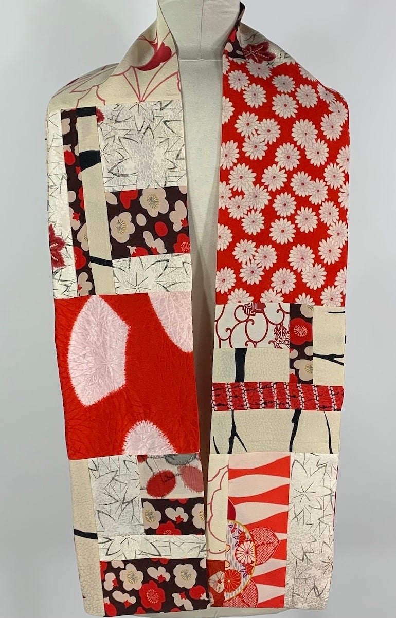Image of Red and White Flowers and Fans Scarf