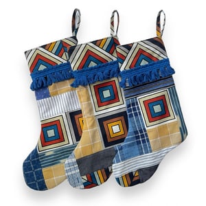 Image of CHRISTMAS STOCKING - BLUE/YELLOW PATCHWORK