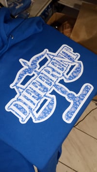 Image 3 of BLUE/WHITE BANDANA PRINT "DIFFERENT ⚖️ HOODIE"