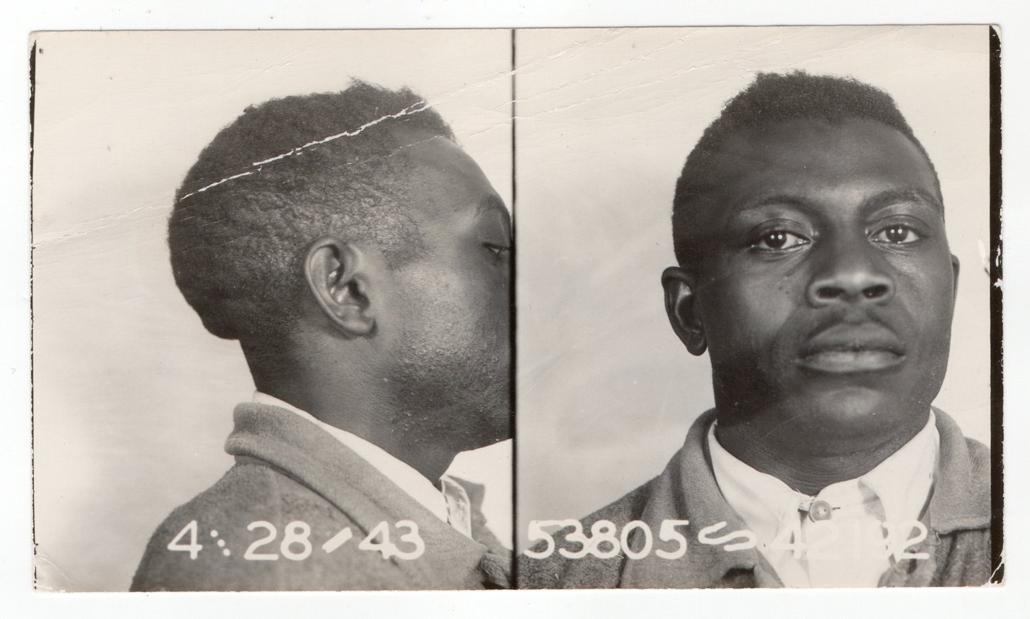 Image of Police department: unusal mug shot of a man, US ca. 1943