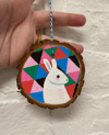 Hand painted wood slice ornaments (white rabbit geometric)