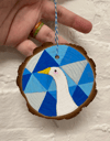 Hand painted wood slice ornaments (white goose geometric)