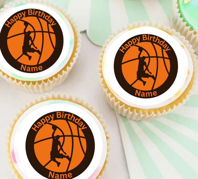 PERSONALISED Pre-cut Birthday BASKETBALL Toppers / Cupcake Cookie Cake Edible Toppers