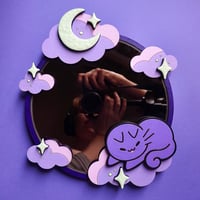 Image 1 of Good Night, Kitten - Dark Round Mirror with Laser Cut Handpainted Frame - GLOW IN THE DARK