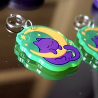 Image 4 of Good Night, Kitten Earrings (2) - Purple Cat hanging in the Moon  - Fuorecent Acrylic earrings
