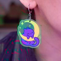 Image 2 of Good Night, Kitten Earrings (2) - Purple Cat hanging in the Moon  - Fuorecent Acrylic earrings