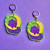 Image 1 of Good Night, Kitten Earrings (2) - Purple Cat hanging in the Moon  - Fuorecent Acrylic earrings