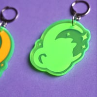 Image 3 of Good Night, Kitten Earrings (2) - Purple Cat hanging in the Moon  - Fuorecent Acrylic earrings