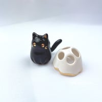 Image 1 of Black cat with ghost mask ceramic figurine (Price reduce due to tiny dent on the gold line)