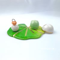 Image 5 of Frog on lily pad with skull mask and pumpkin skull lantern ceramic figurine