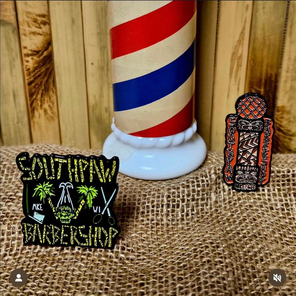 SOUTHPAW BARBERSHOP Milwaukee Tiki Barber Pole 1.5" Enamel Pin