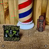 Image 3 of SOUTHPAW BARBERSHOP Milwaukee Tiki Barber Pole 1.5" Enamel Pin