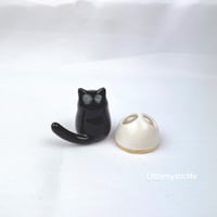 Image 5 of Black kitty with cat skull mask ceramic figurine