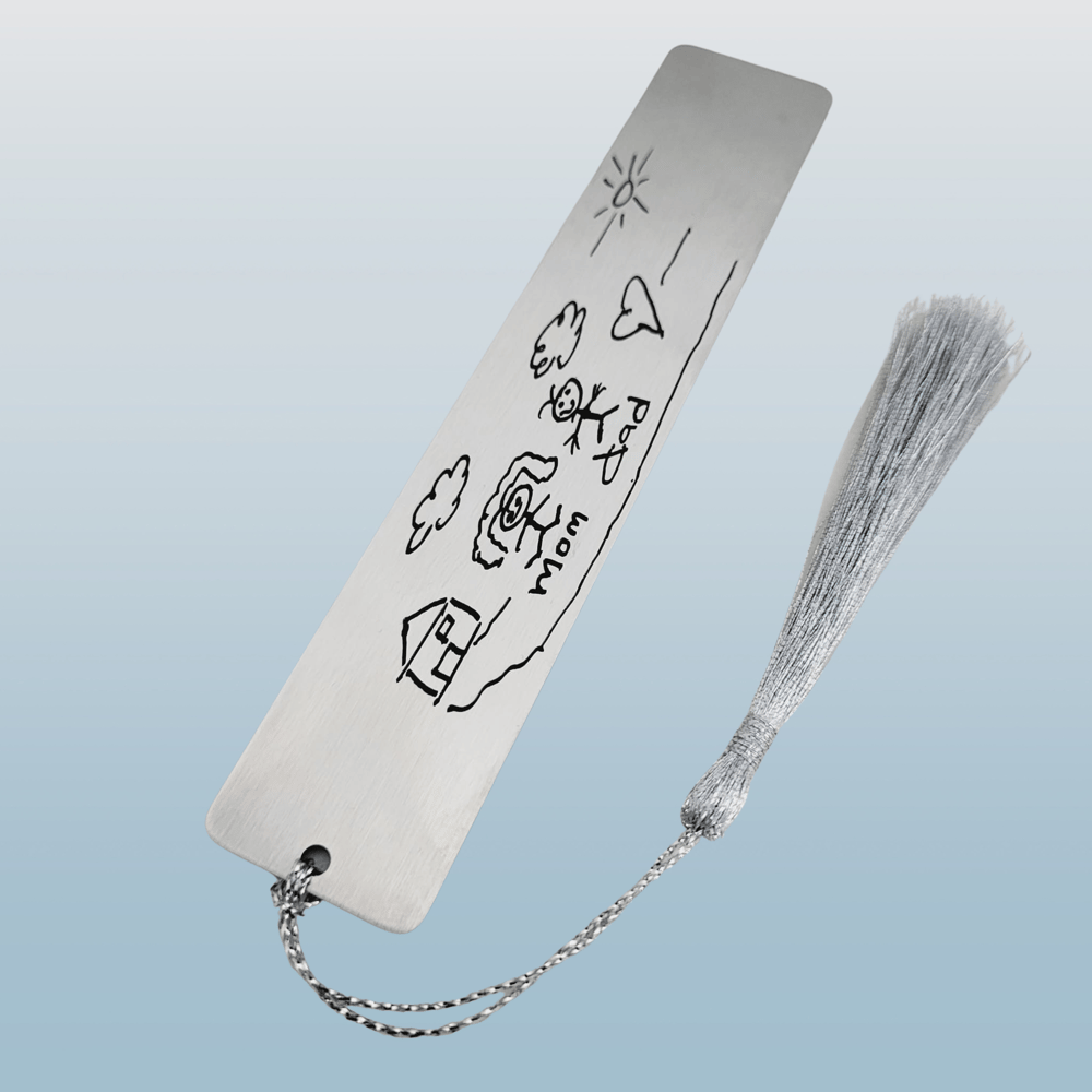 Image of Personalized Kids Drawing on Metal Bookmark. Child Art Replica custom Engraved Bookmarks.