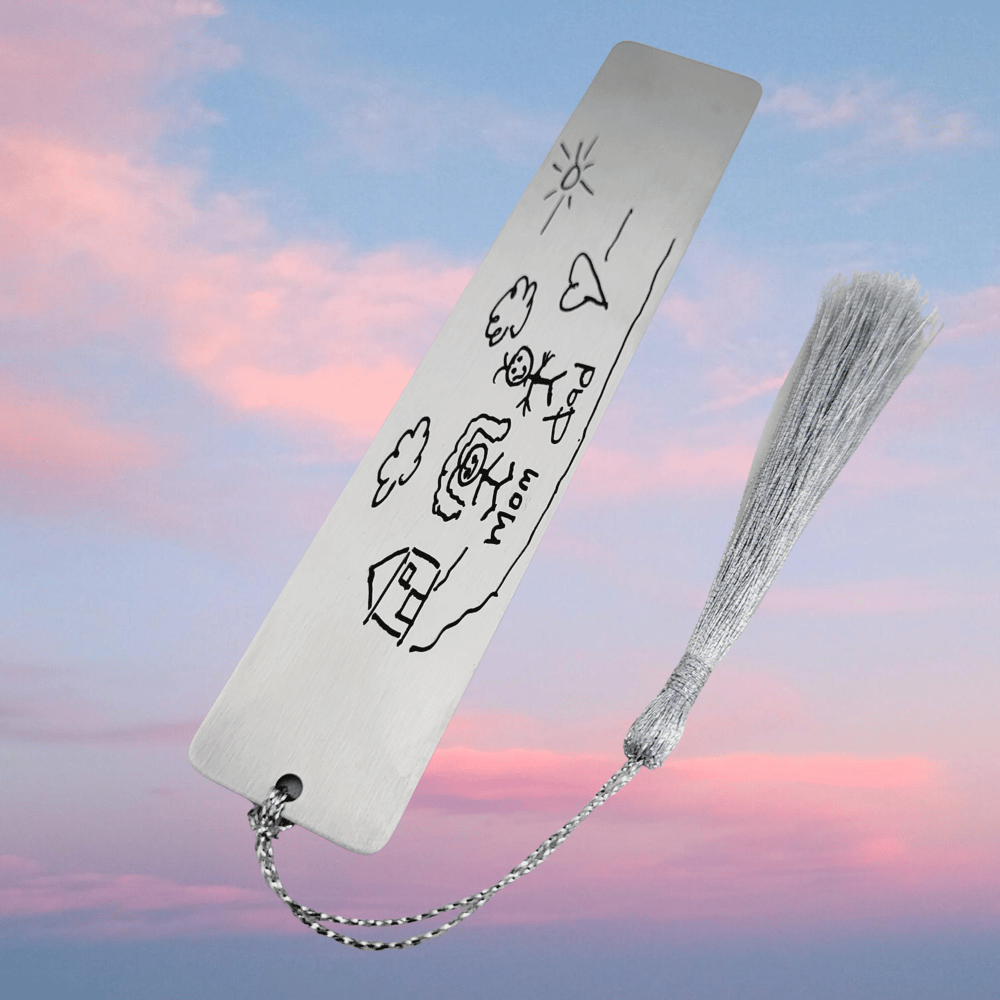 Image of Personalized Kids Drawing on Metal Bookmark. Child Art Replica custom Engraved Bookmarks.