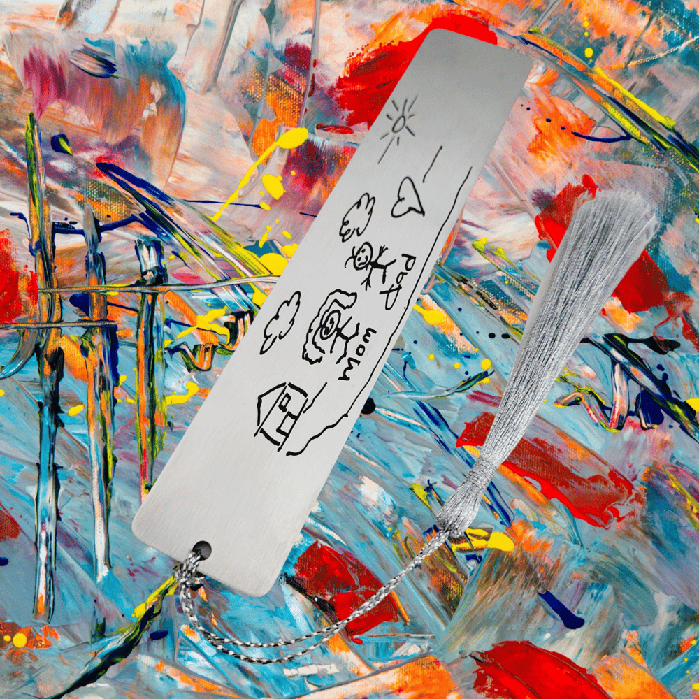 Image of Personalized Kids Drawing on Metal Bookmark. Child Art Replica custom Engraved Bookmarks.