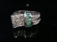Image 1 of Retro 18ct white gold emerald and diamond tank ring 8.1g