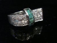 Image 3 of Retro 18ct white gold emerald and diamond tank ring 8.1g