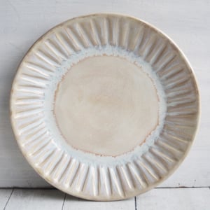 Image of Set of Four Rustic Salad Plates in Creamy White And Ocher Glaze, Hand Carved Made in USA