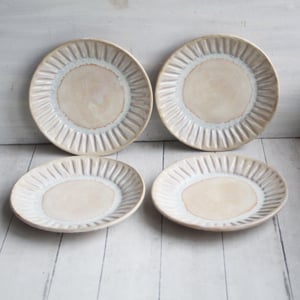 Image of Set of Four Rustic Salad Plates in Creamy White And Ocher Glaze, Hand Carved Made in USA