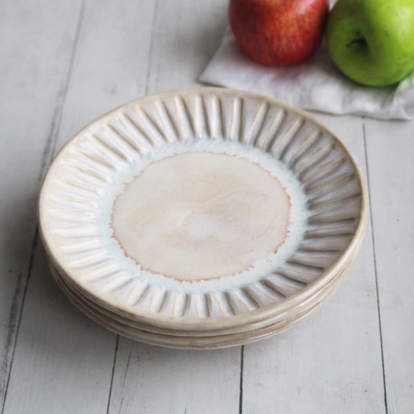 Image of Set of Four Rustic Salad Plates in Creamy White And Ocher Glaze, Hand Carved Made in USA