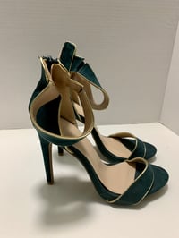 Image 2 of Green Suede Gold Trimmed Heels - Size: 8