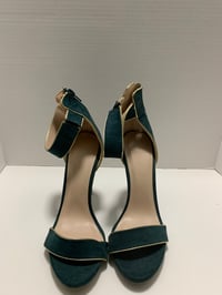 Image 1 of Green Suede Gold Trimmed Heels - Size: 8