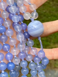 Image 2 of Blue Chalcedony Mala with Blue Lace Agate Guru Bead, Blue Chalcedony 108 Bead Japa Mala Hand Knotted