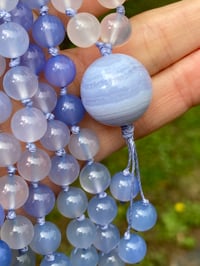 Image 1 of Blue Chalcedony Mala with Blue Lace Agate Guru Bead, Blue Chalcedony 108 Bead Japa Mala Hand Knotted